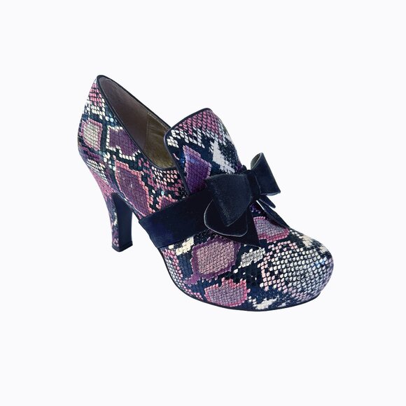 Lola Ramona Leather Snakeskin Pump Sz 10 Velvet Bow Purple Whimsigoth Y2K Pinup - Picture 2 of 10